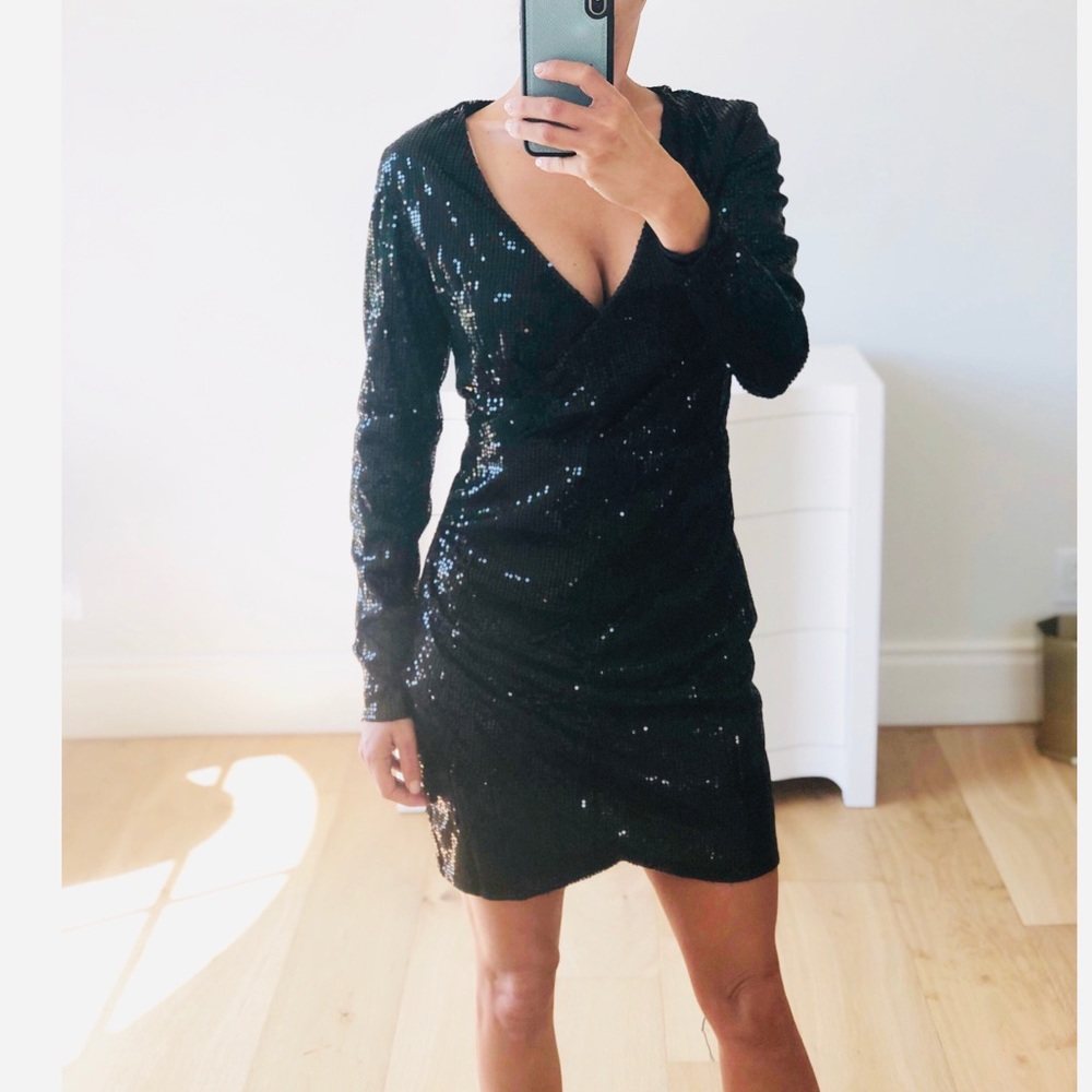 VEGAS Black Long Sleeve Sequin Surplice Dress - Picture 8 of 10
